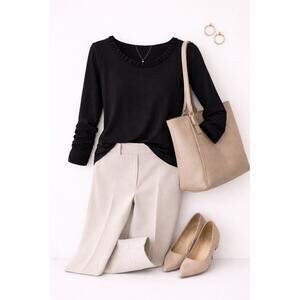 Talbots Petites Black Ruffle Neck Long Sleeve Top XL Pima Cotton Modal NWT